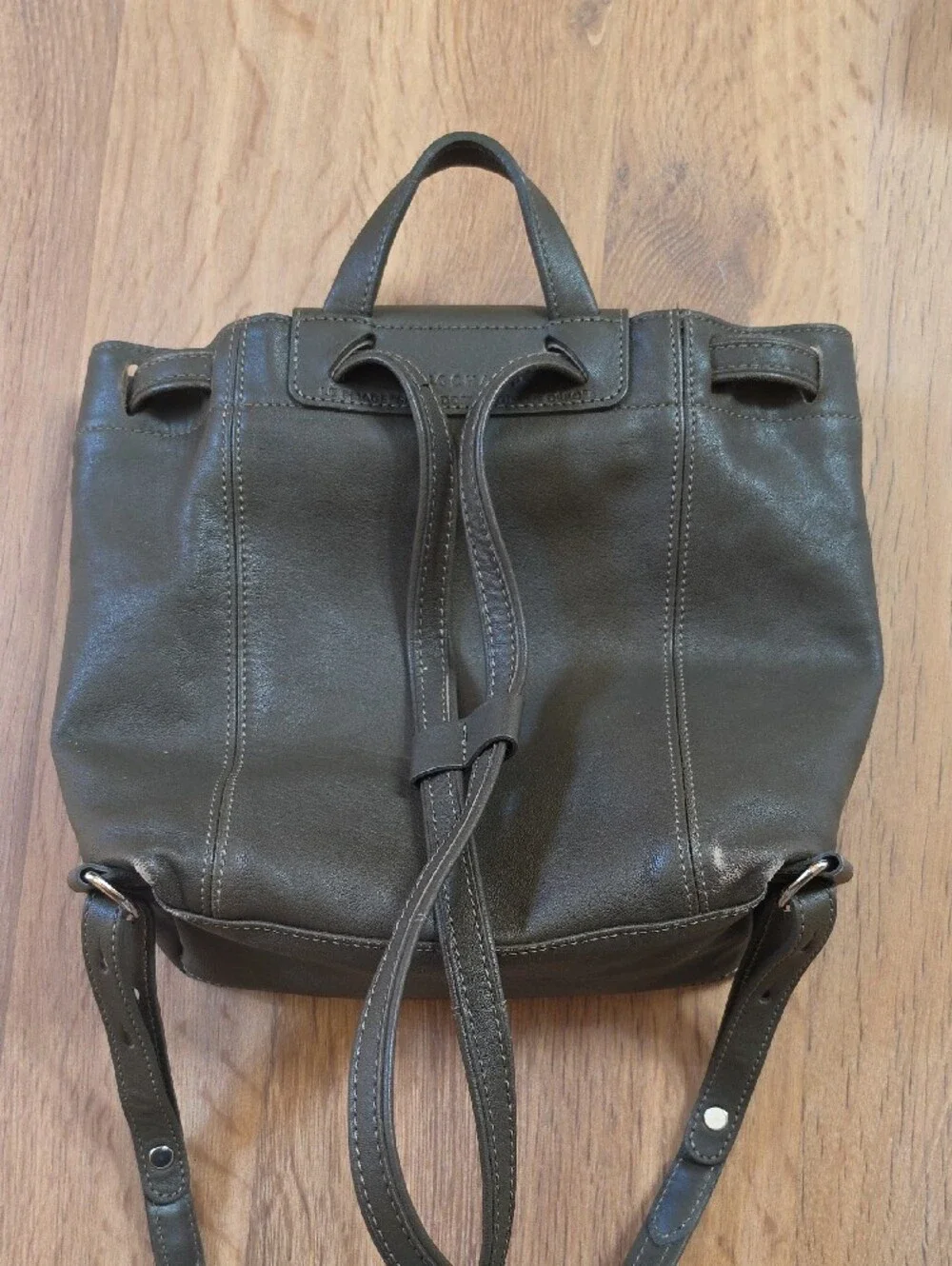 Longchamp Small Leather Backpack in Olive Green